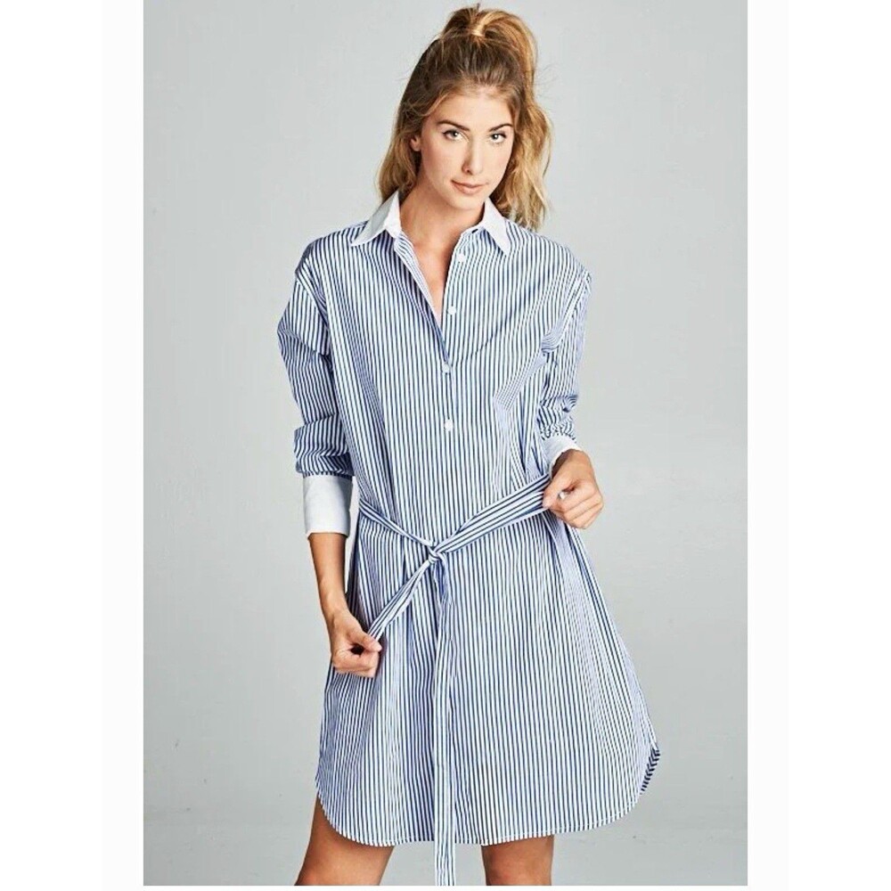 Tahari T Blue White Striped Shirt Dress Belted Pockets XL